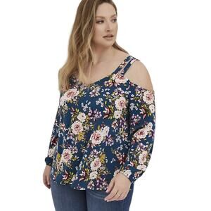 Torrid NWT Strappy Cold Shoulder Top - Crepe Floral Blue Size 0X Balloon Sleeve